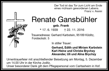 Traueranzeige von Renate Gansbühler von Frankenpost