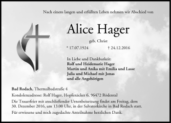 Traueranzeige von Alice Hager von Neue Presse Coburg