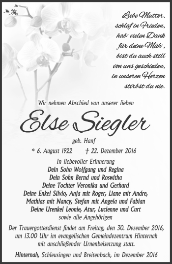 Traueranzeige von Else Siegler von Südthüringer Presse