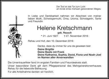 Traueranzeige von Helene Kretschmann von Frankenpost