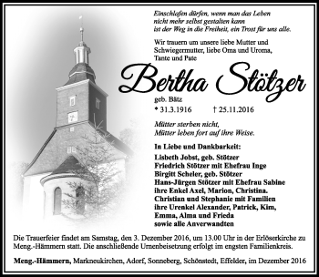 Traueranzeige von Bertha Stötzer von Südthüringer Presse