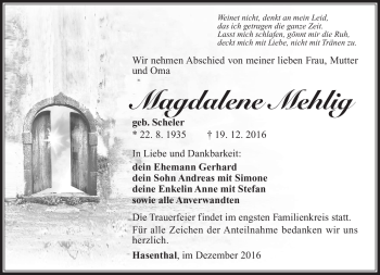 Traueranzeige von Magdalene Mehlig von Südthüringer Presse