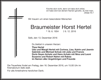 Traueranzeige von Horst Hertel von Frankenpost