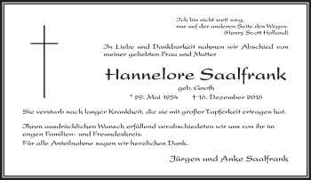 Traueranzeige von Hannelore Saalfrank von Frankenpost