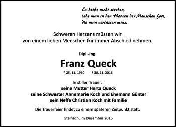 Traueranzeige von Franz Queck von Südthüringer Presse