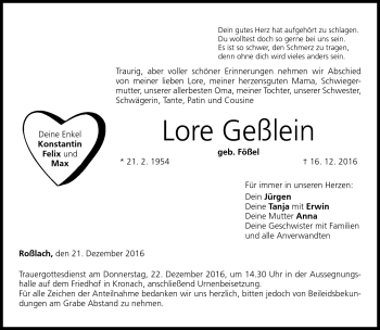 Traueranzeige von Lore Geßlein von Neue Presse Coburg