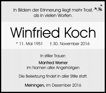 Traueranzeige von Winfried Koch von Südthüringer Presse