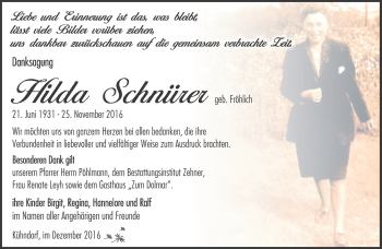 Traueranzeige von Hilda Schnürer von Südthüringer Presse