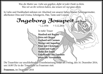 Traueranzeige von Ingeborg Josupeit von Südthüringer Presse