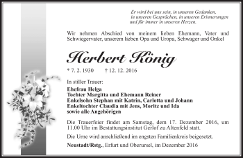 Traueranzeige von Herbert König von Südthüringer Presse