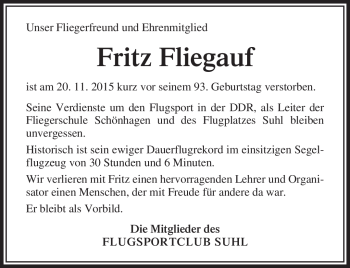 Traueranzeige von Fritz Fliegauf von Südthüringer Presse