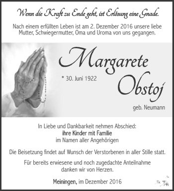 Traueranzeige von Margarete Obstoj von Südthüringer Presse