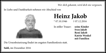 Traueranzeige von Heinz Jakob von Südthüringer Presse