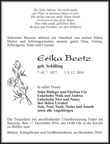 Traueranzeige von Erika Beetz von Südthüringer Presse