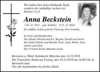 Traueranzeige von Anna Beckstein von Frankenpost