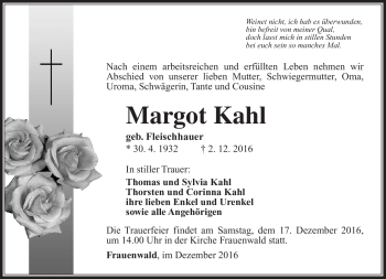 Traueranzeige von Margot Kahl von Südthüringer Presse