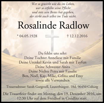 Traueranzeige von Rosalinde Radlow von Neue Presse Coburg