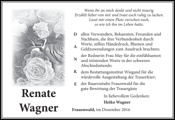 Traueranzeige von Renate Wagner von Südthüringer Presse
