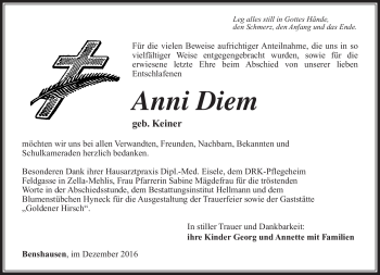Traueranzeige von Anni Diem von Südthüringer Presse