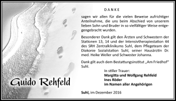 Traueranzeige von Guido Rehfeld von Südthüringer Presse