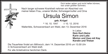 Traueranzeige von Ursula Simon von Frankenpost