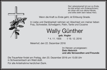 Traueranzeige von Wally Günther von Frankenpost