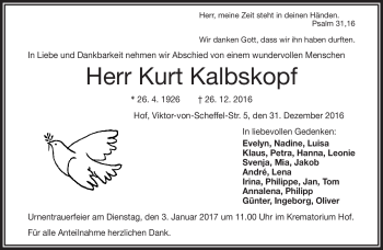 Traueranzeige von Kurt Kalbskopf von Frankenpost