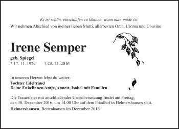 Traueranzeige von Irene Semper von Südthüringer Presse