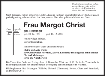 Traueranzeige von Margot Christ von Südthüringer Presse