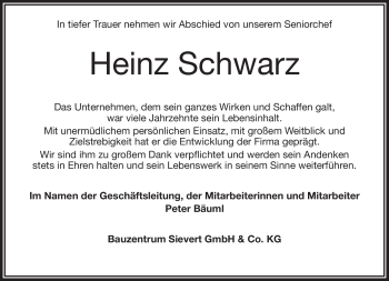 Traueranzeige von Heinz Schwarz von Frankenpost