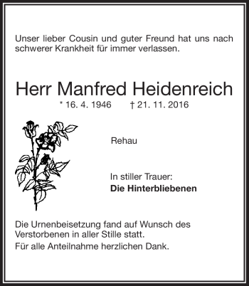 Traueranzeige von Manfred Heidenreich von Frankenpost