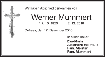 Traueranzeige von Werner Mummert von Frankenpost