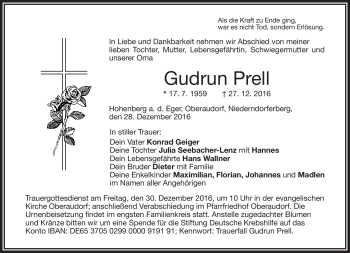 Traueranzeige von Gudrun Prell von Frankenpost