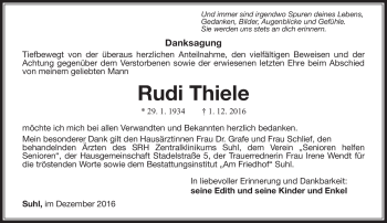 Traueranzeige von Rudi Thiele von Südthüringer Presse
