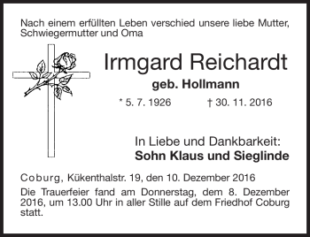 Traueranzeige von Irmgard Reichardt von Neue Presse Coburg