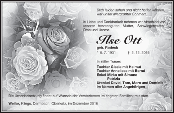 Traueranzeige von Ilse Ott von Südthüringer Presse