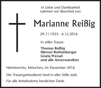 Traueranzeige von Marianne Reißig von Frankenpost