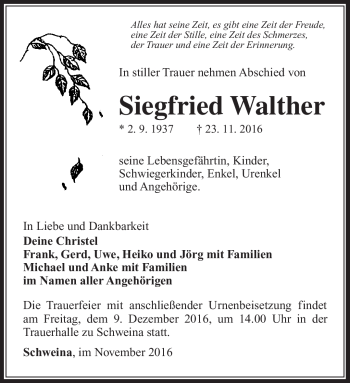 Traueranzeige von Siegfried Walther von Südthüringer Presse