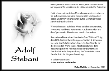 Traueranzeige von Adolf Stebani von Südthüringer Presse