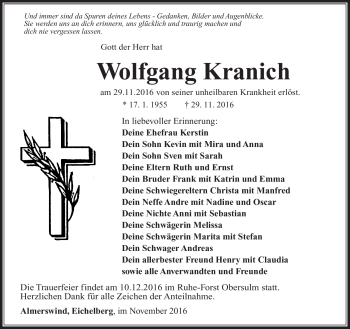 Traueranzeige von Wolfgang Kranich von Südthüringer Presse