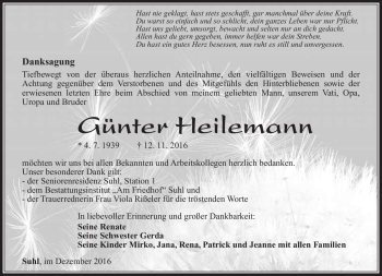 Traueranzeige von Günter Heilemann von Südthüringer Presse
