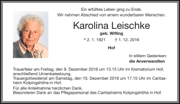 Traueranzeige von Karolina Leischke von Frankenpost