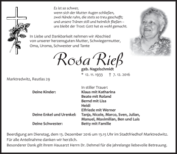 Traueranzeige von Rosa Rieß von Frankenpost
