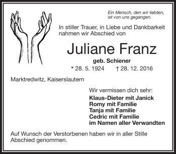 Traueranzeige von Juliane Franz von Frankenpost
