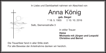 Traueranzeige von Anna König von Frankenpost