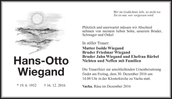 Traueranzeige von Hans-Otto Weigand von Südthüringer Presse