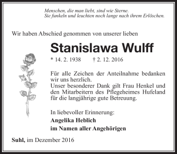Traueranzeige von Stanislawa Wulff von Südthüringer Presse