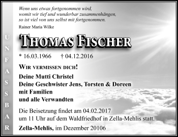 Traueranzeige von Thomas Fischer von Südthüringer Presse