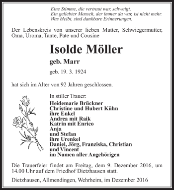 Traueranzeige von Isolde Möller von Südthüringer Presse