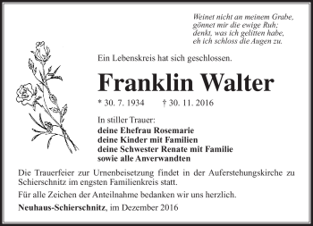 Traueranzeige von Franklin Walter von Südthüringer Presse